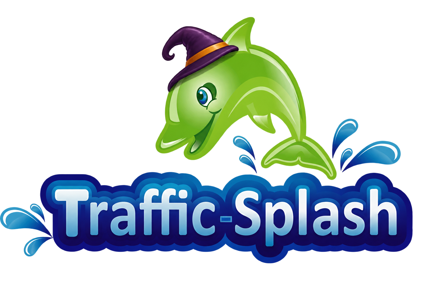 Traffic-Splash dolphin mascot wearing a witch hat and wordmark